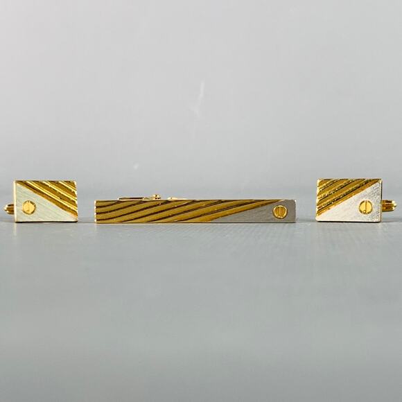 DUNHILL Gold Silver Engraved Metal Cuff Link Tie Clip Set - Picture 1 of 6